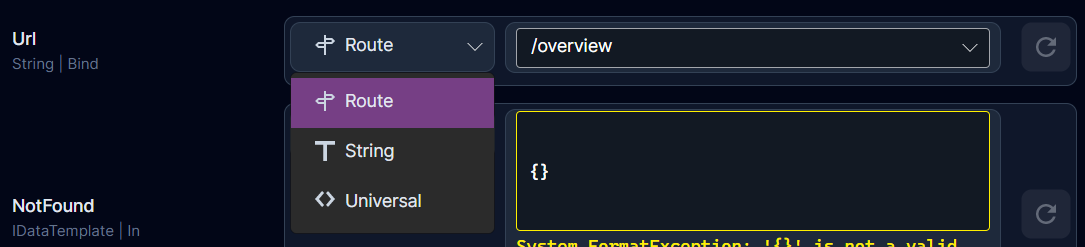 The input selector showing Route and Universal builders.